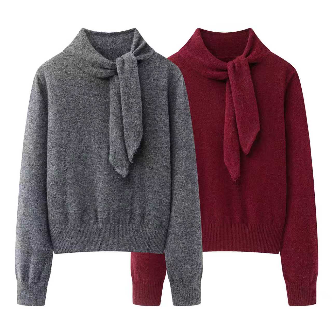 【迪家】针织衫女2025秋冬季新款时尚百搭显瘦飘带领结毛衣上衣7136