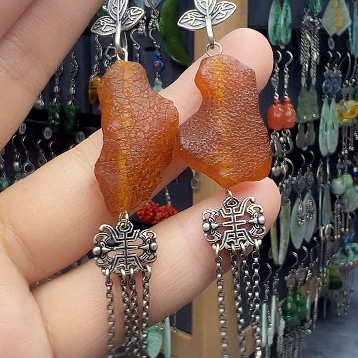 琥珀银S925镶嵌耳饰