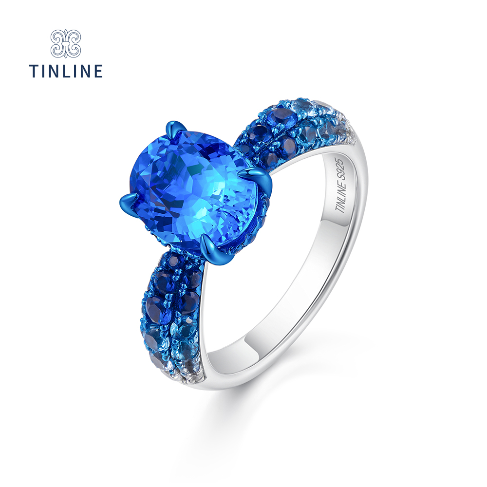 TINLINE 培育蓝宝石「海心焰」戒指 培育克什米尔 彩金渐变工艺