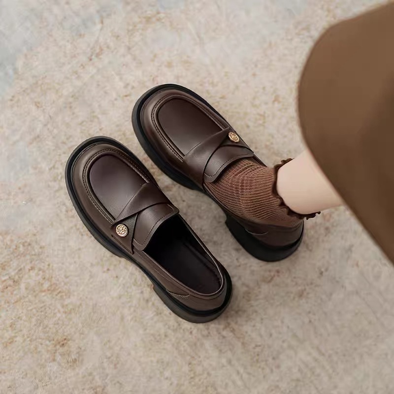 25年秋冬新款真皮单鞋皮面厚底百搭时尚软底乐福鞋979-1-棕色