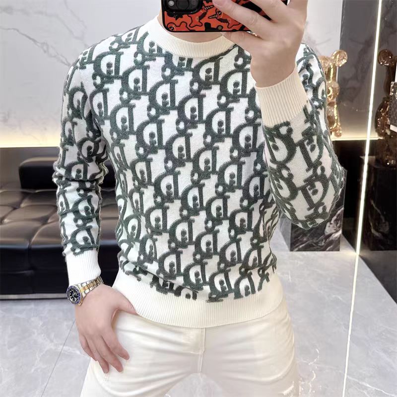 冰希潮牌.保暖提花修身圆领丝光羊毛衫天丝混纺男士2025冬季新款