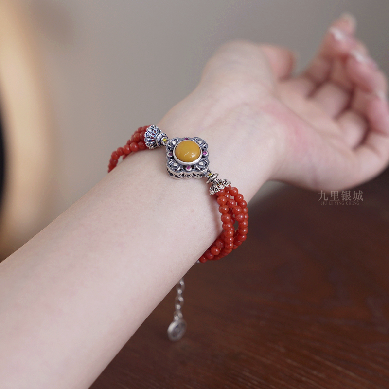 925银手链 纯银手工原创设计师款多层色本命年风手链显白三层手串