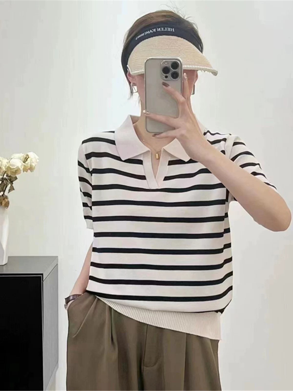 【剪刀领条纹POLO衫】条纹撞色休闲显瘦短袖针织衫