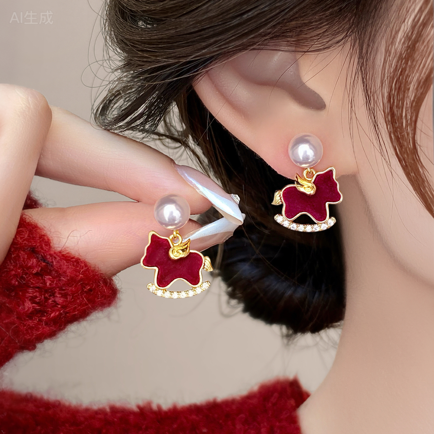 铜合金耳饰 红色丝绒小马珍珠耳环女秋冬轻奢耳钉本命年新年耳饰 