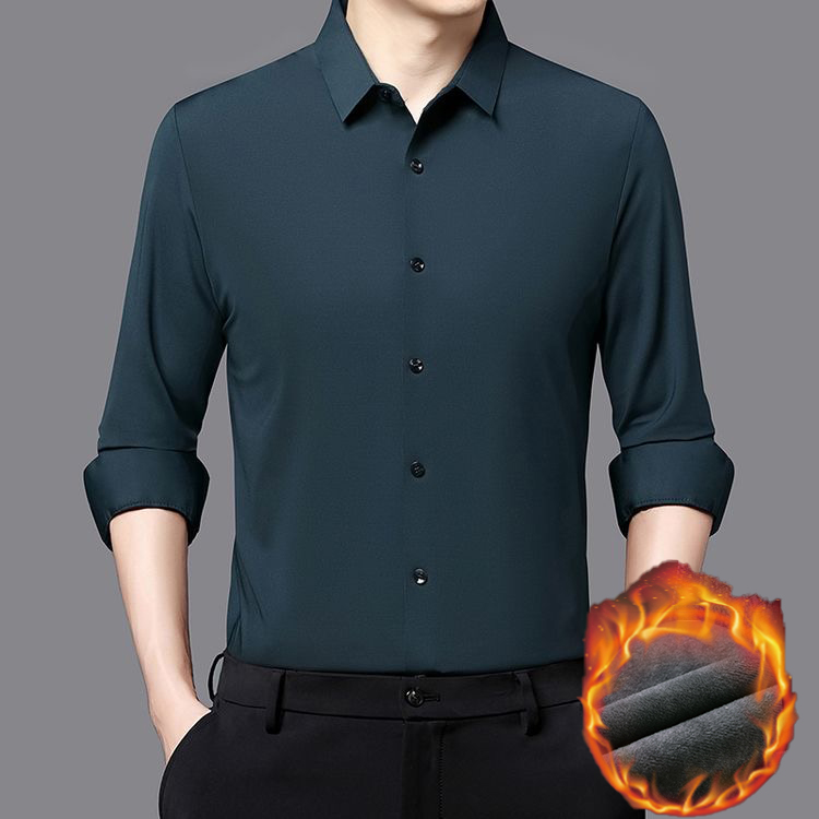 秋冬男士纯色加绒加厚保暖无痕男装衬衫上衣男士冬季长袖白色衬衫