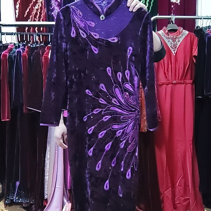 紫色春夏秋钻石绒领子微透长款刺绣旗袍l码95-115内