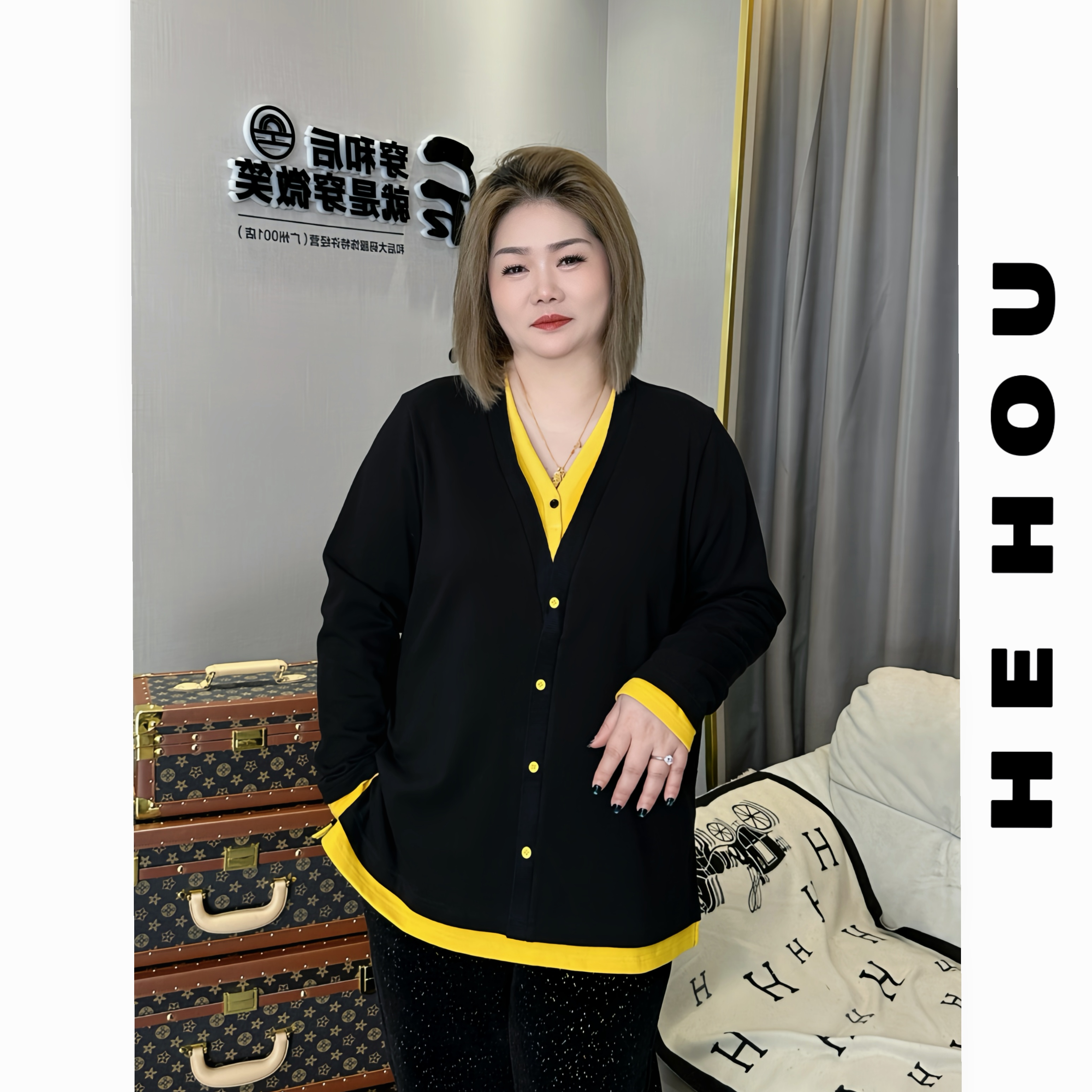 52276 和后大码 假两件宽松长袖纯棉时尚秋冬女士休闲T恤