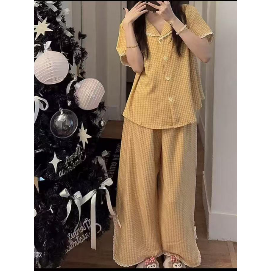 夏季韩版甜美花边黄色格子带胸垫开衫三件套