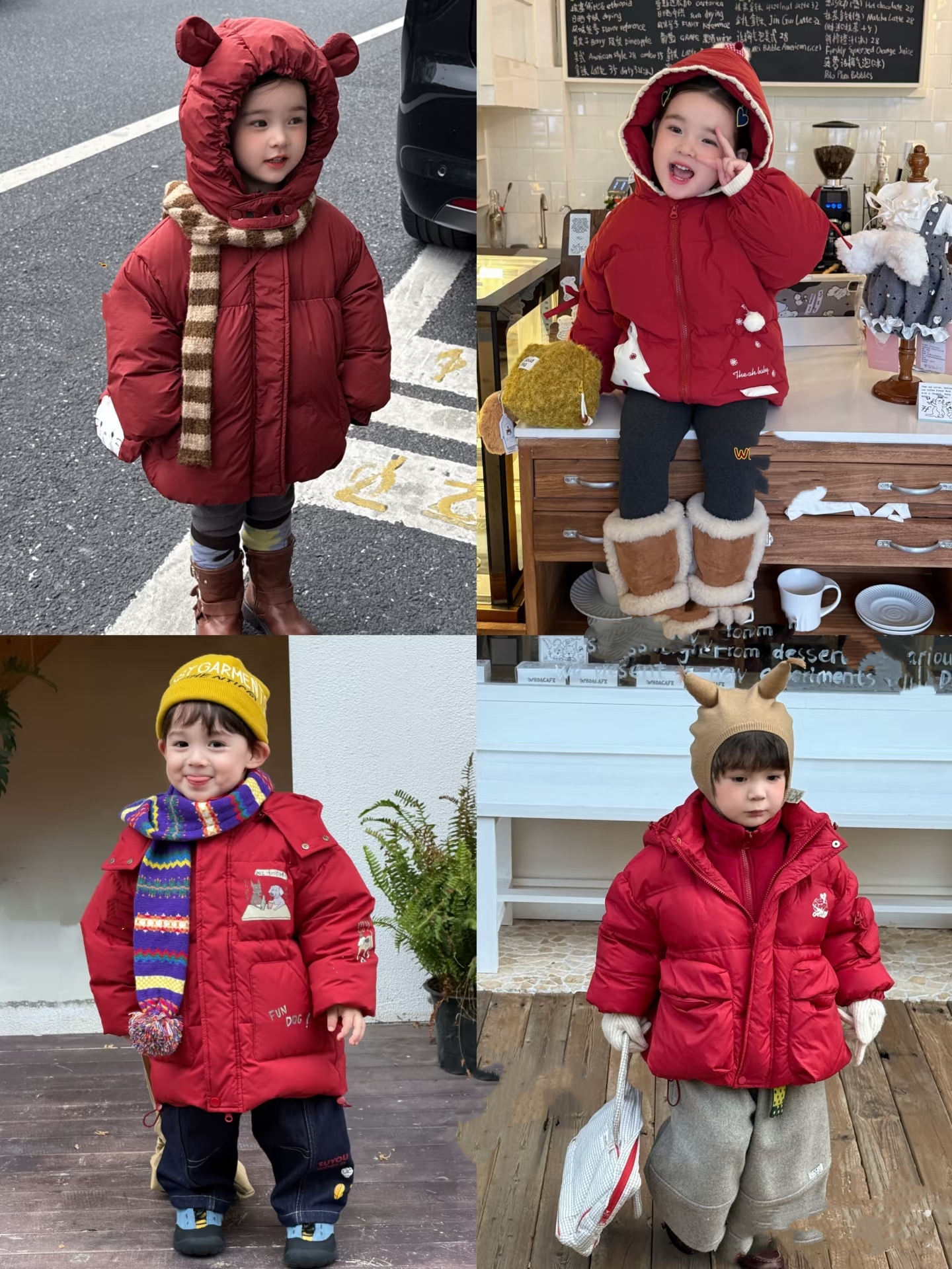 男厚款单排扣中长款卡通风红色保暖加厚连帽