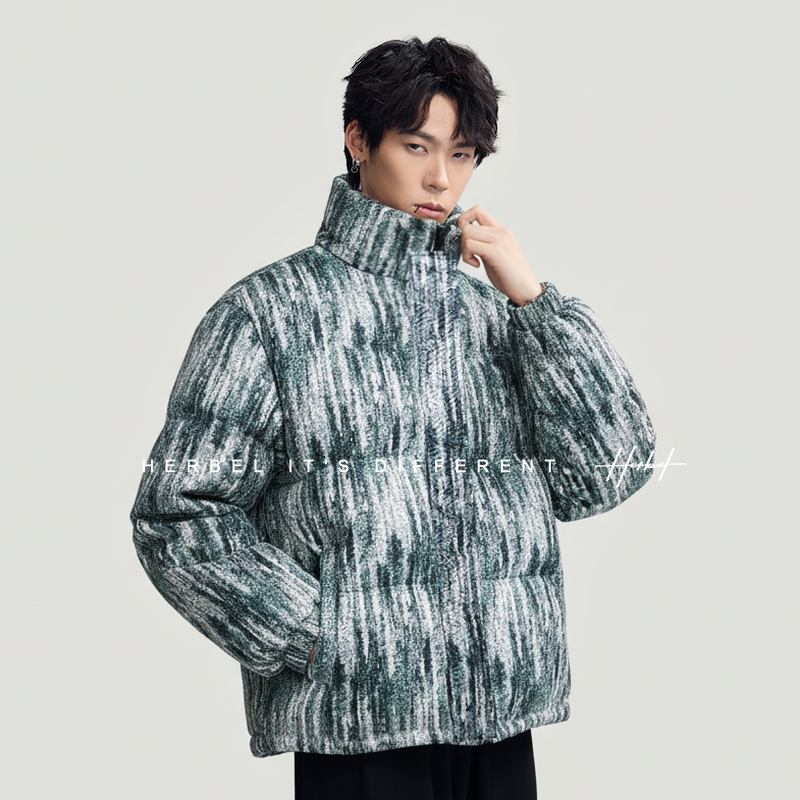 HERBEL黑白立领常规标准男保暖印花羽绒服情侣冬季休闲短款