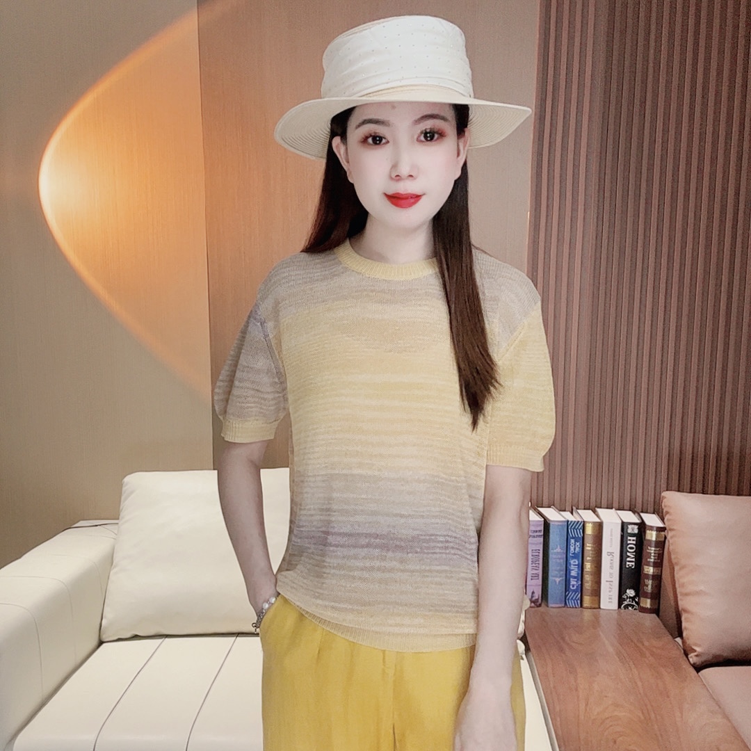 2025新款和纸纱透气短袖渐变拼色圆领套头针织衫上衣MS0018