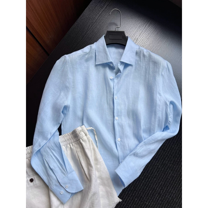 天蓝色天丝亚麻衬衫男款夏季薄款透气速干防晒衣美式长袖休闲衬衣