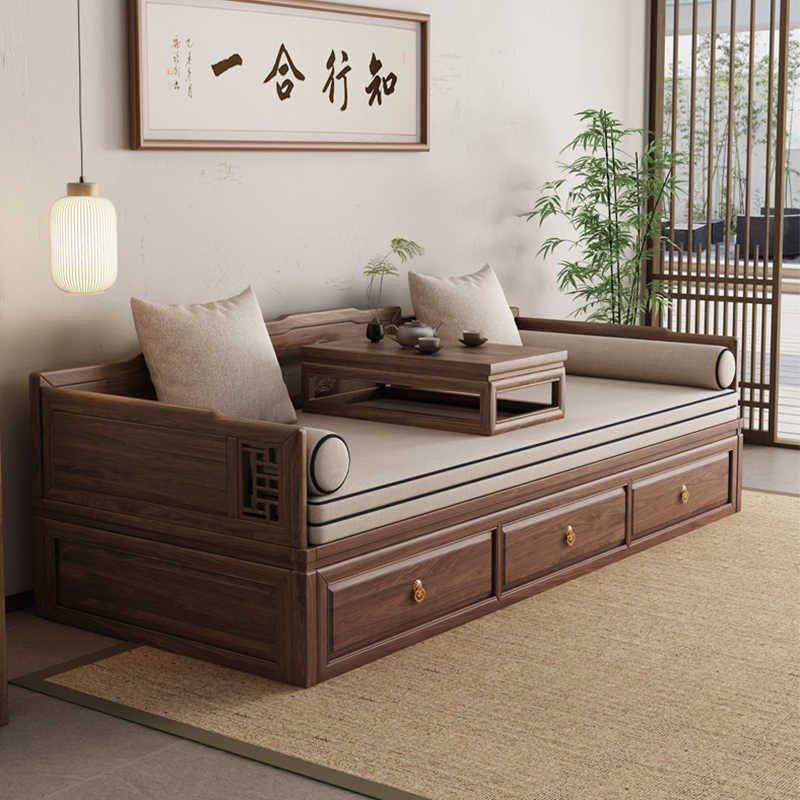 新中式罗汉床北美黑胡桃木推拉客厅榻伸缩储物带抽箱体式实木沙发