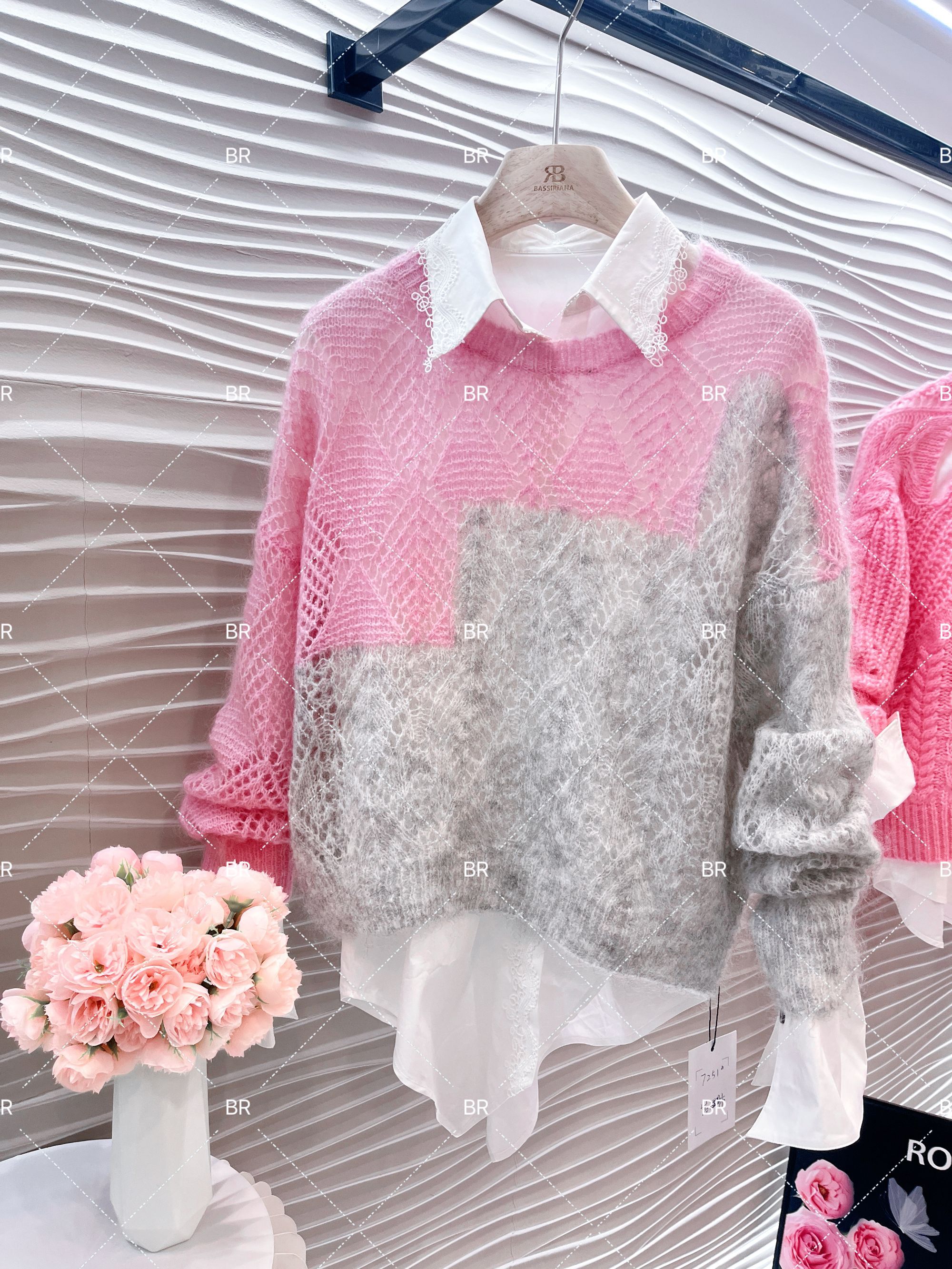 【H】BR厚款女装保暖提花格子冬季毛针织衫针织秋宽松上衣5407