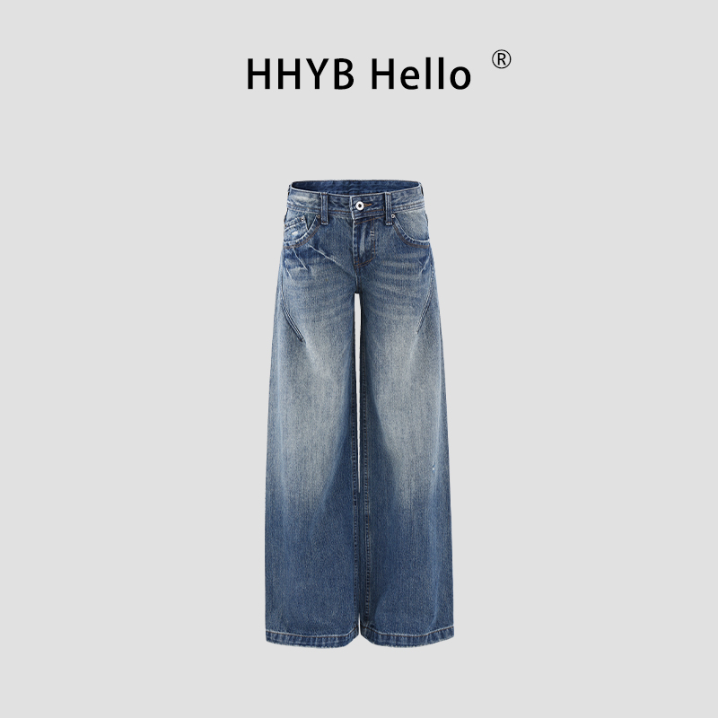 HHYB Hello复古做旧水洗猫须中低腰牛仔裤宽松显瘦直筒裤Q264022