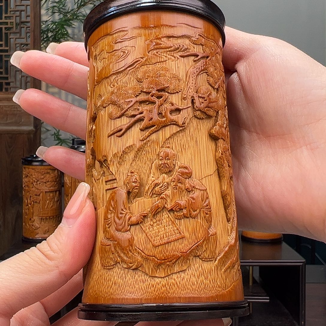 竹竹雕旗开得胜茶叶罐