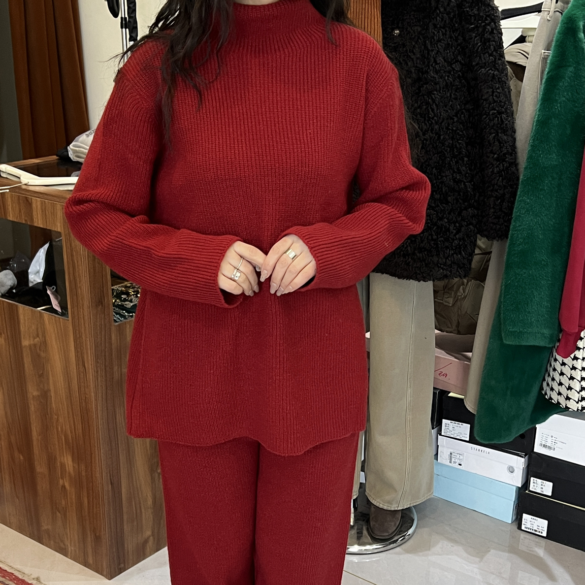 秋冬新款慵懒风绵羊毛舒适套装上衣加裤子
