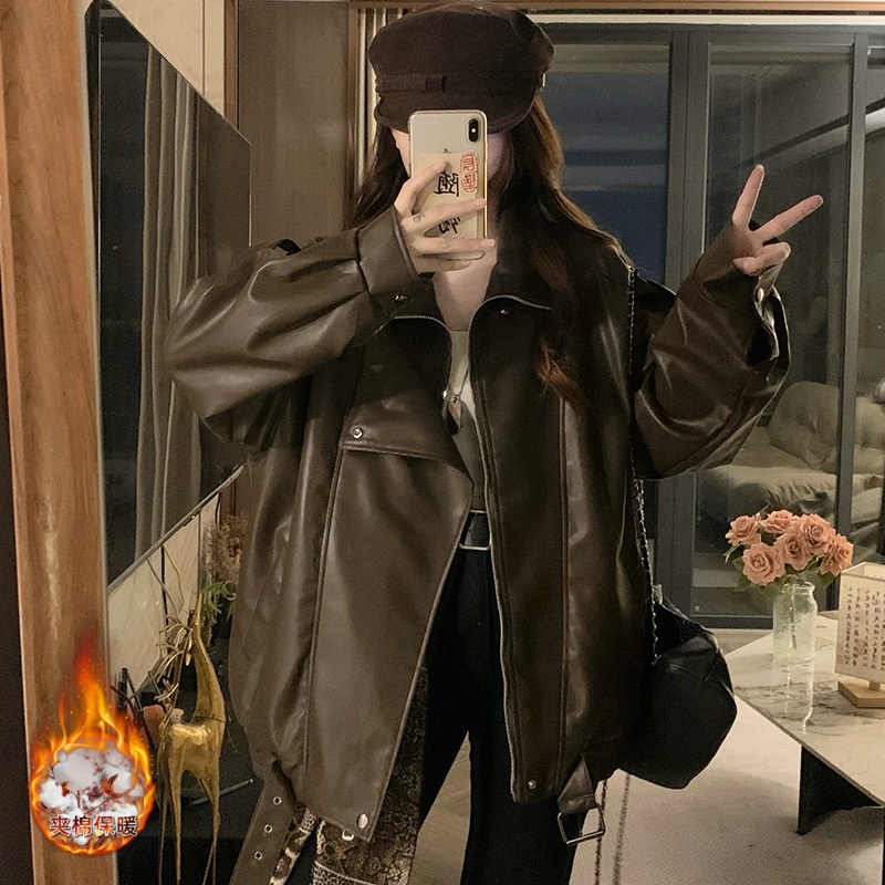 加绒加厚复古双领翻领皮衣外套女2025新款冬季PU夹克酷飒机车服