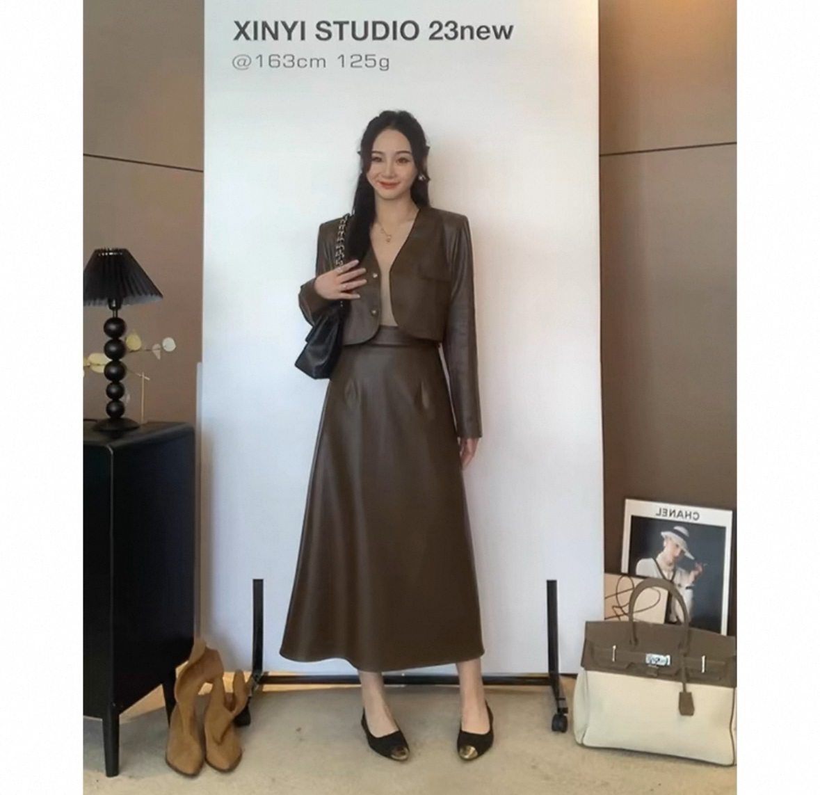 秋季气质短款皮衣外套高腰显瘦半身裙时尚套装女