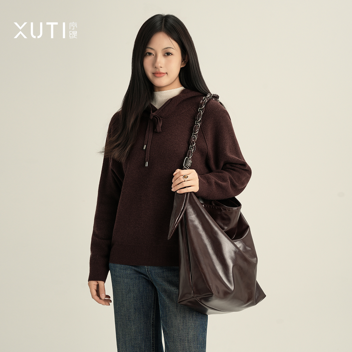 序缇新中式100%绵羊毛连帽上衣女秋季新款羊绒衫J36-21729