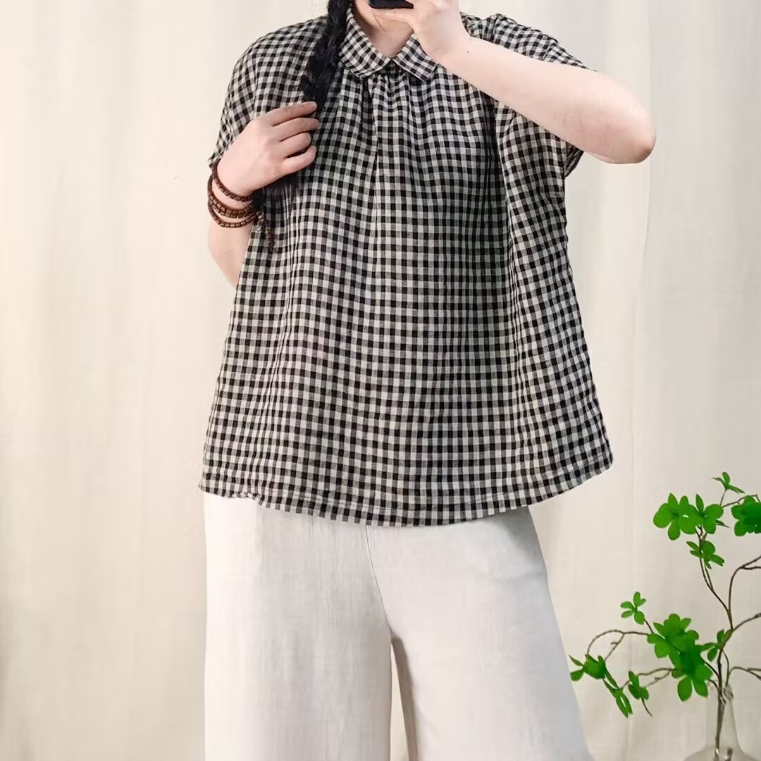 夏季森系小清新甜美文艺短袖衬衫女翻领格子衬衣潮