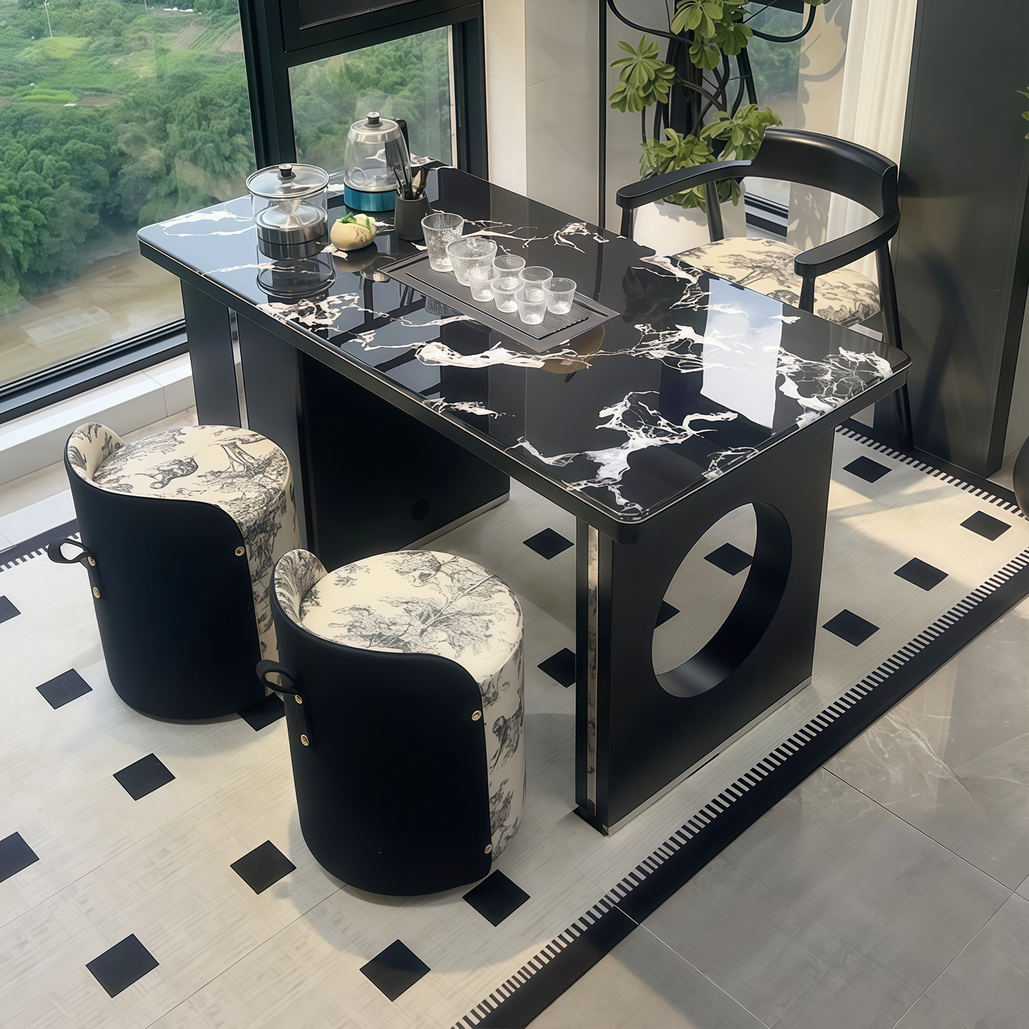 意式极简大理石原石茶桌椅家用阳台小型客厅办公茶台简约家用茶桌