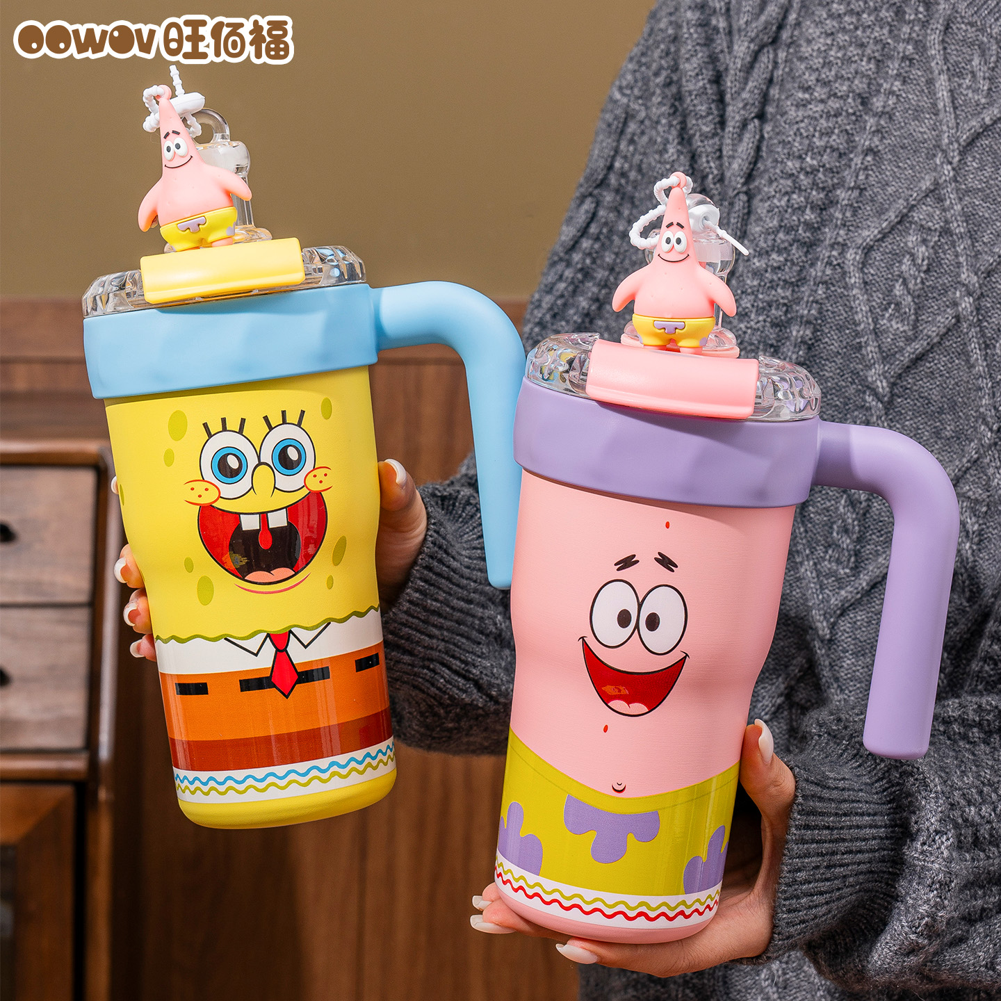 海绵宝宝联名保温杯高颜值大容量学生茶水分离水杯女生日新年礼物