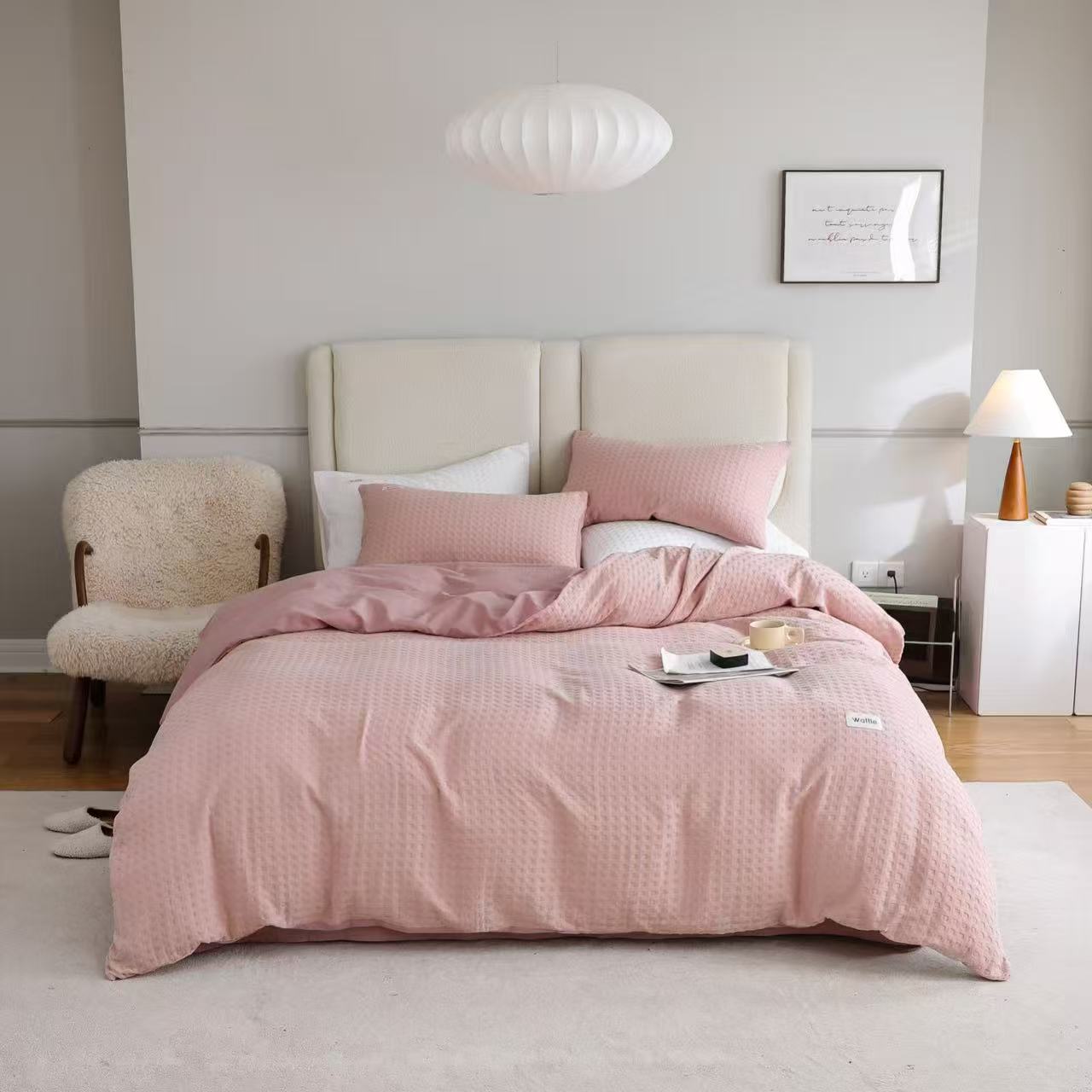 全棉华夫格床品四件套纯色亲肤100%棉简约纯色保暖可水洗