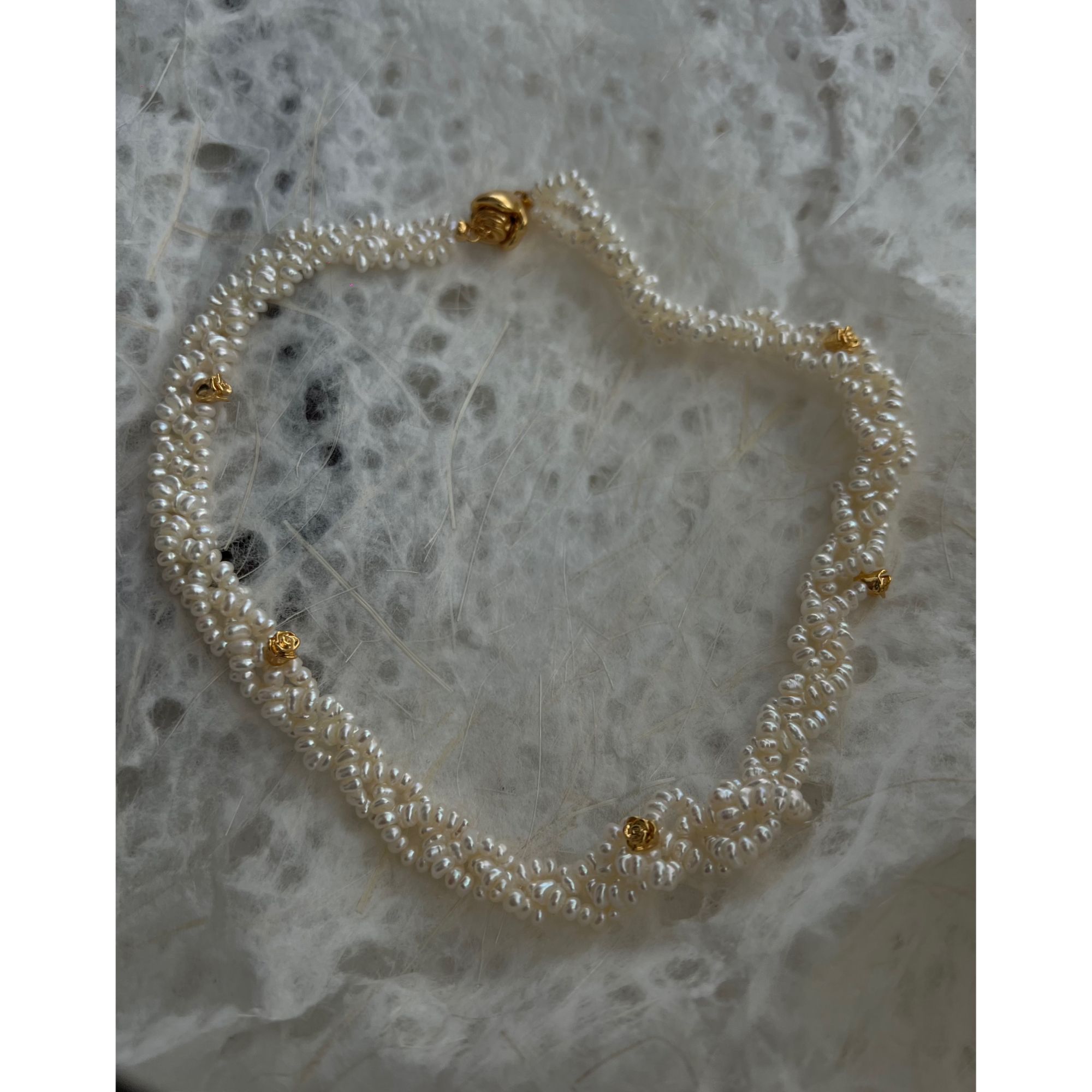 JUNMU天然淡水珍珠多层编织玫瑰花环项链法式复古轻奢颈链choker