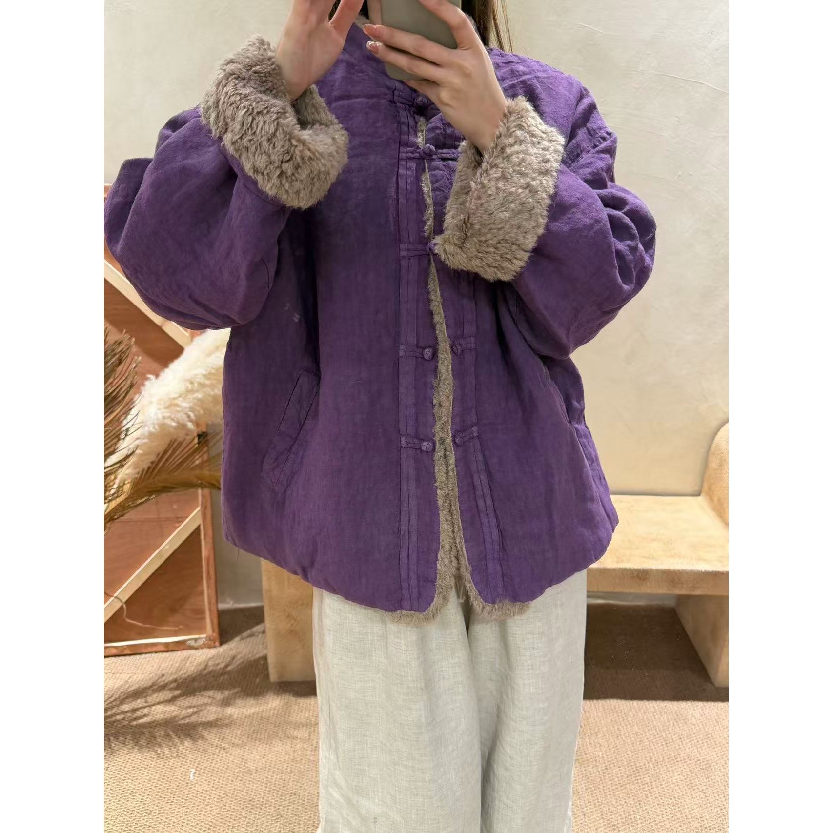 落寞莉【毛毛亚麻】冬季复古休闲百搭拼接羊羔毛砂洗亚麻盘扣棉衣