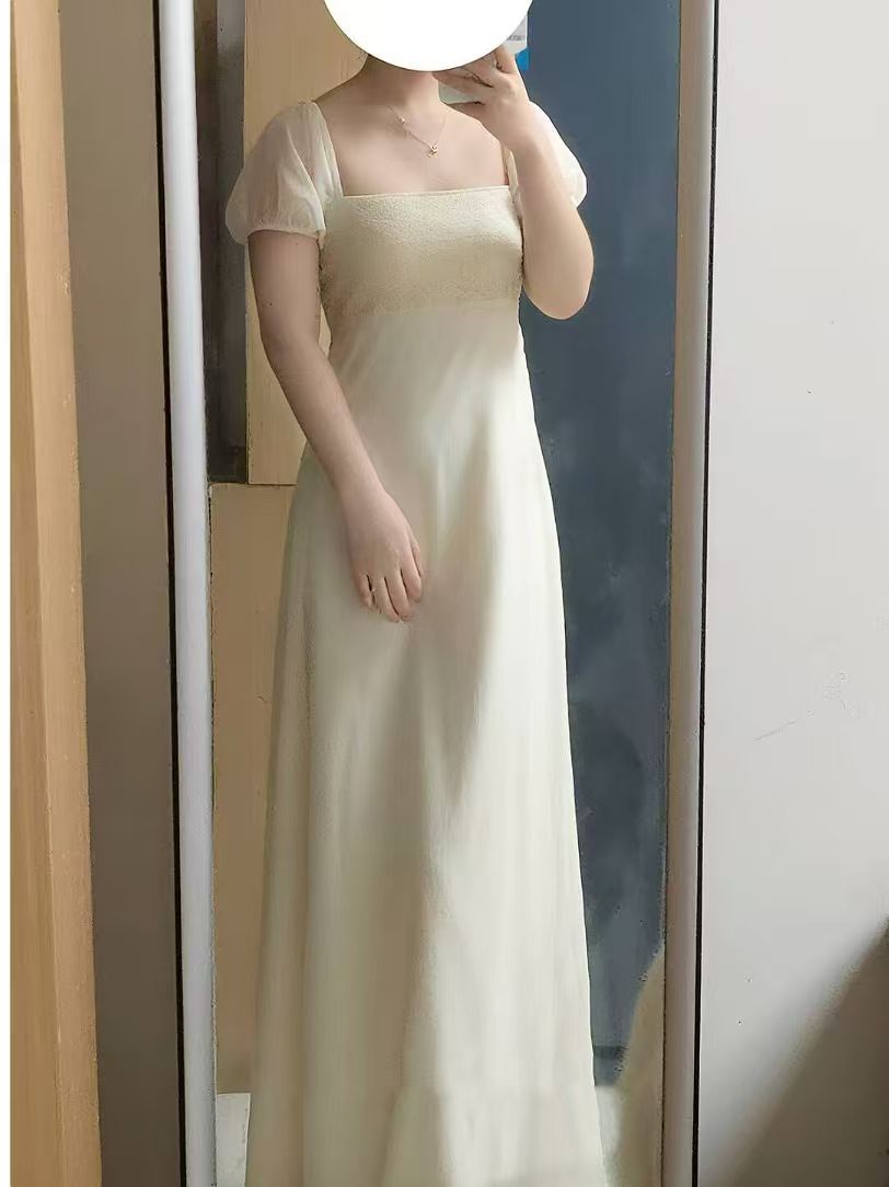 AA271-280显瘦收腰女装长款短袖皱感赫本风连衣裙夏季气质长裙