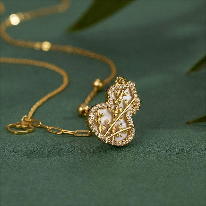 饰千禧 坠链均925银 白贝小众配饰竹叶女生纯银新款轻奢镶钻葫