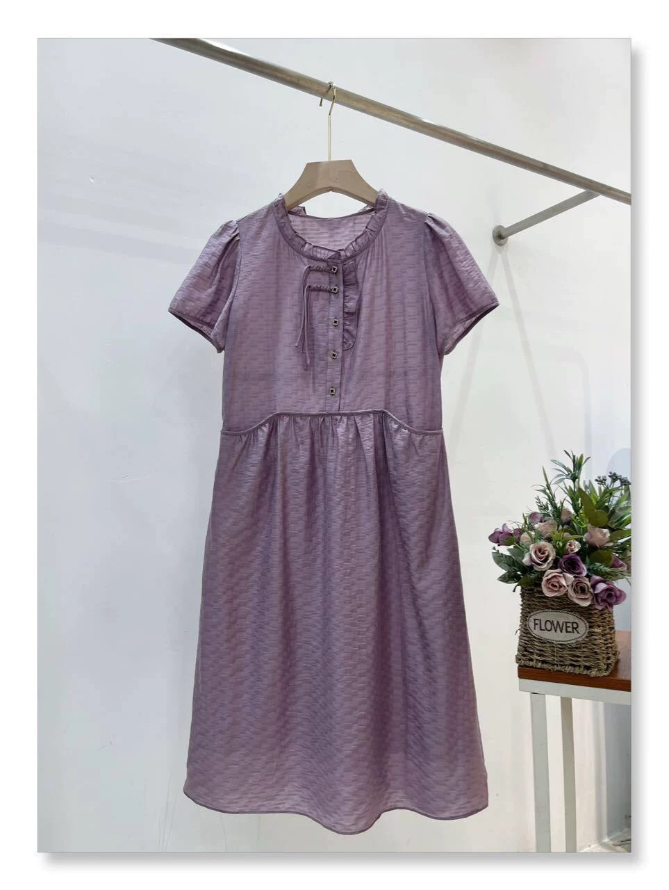[H2534紫色连衣裙]夏季纯色蕾丝女士时尚气约潮拼接裙子