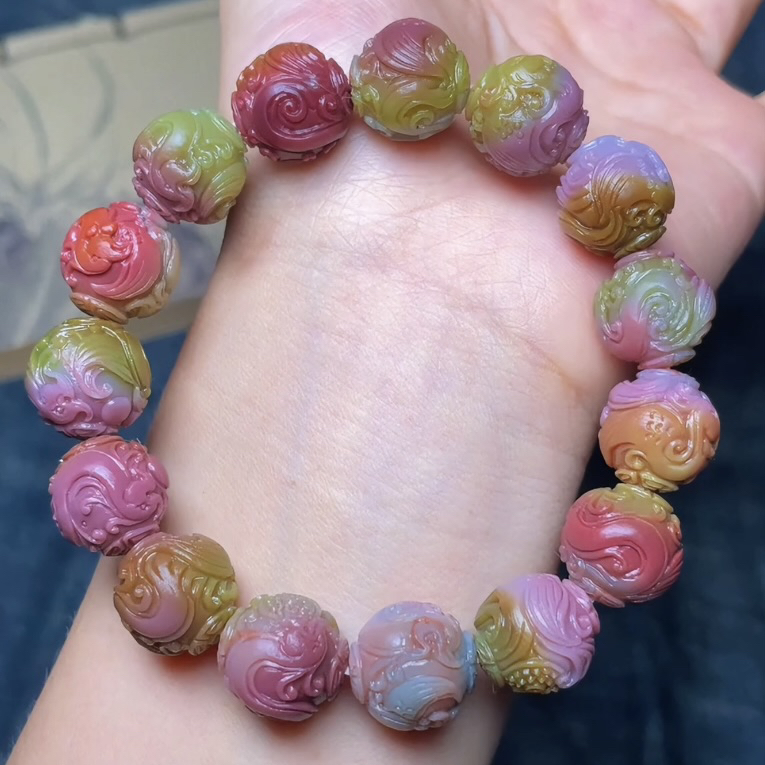 四川凉山天然盐源玛瑙大师工雕刻仿古龙凤圆珠珠手串古风流苏礼物