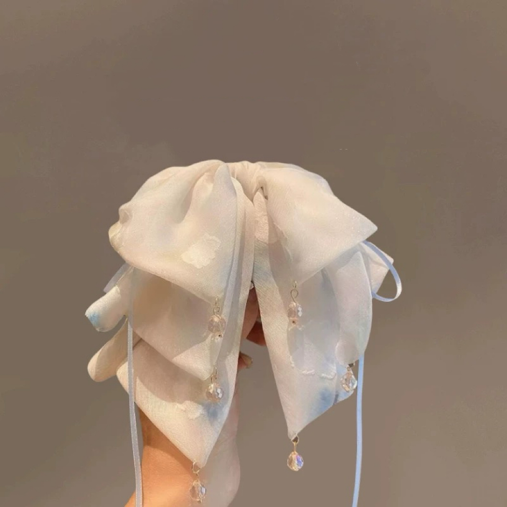 高级感扎染印花蝴蝶结飘带发夹时尚网纱马尾抓夹鲨鱼夹4031