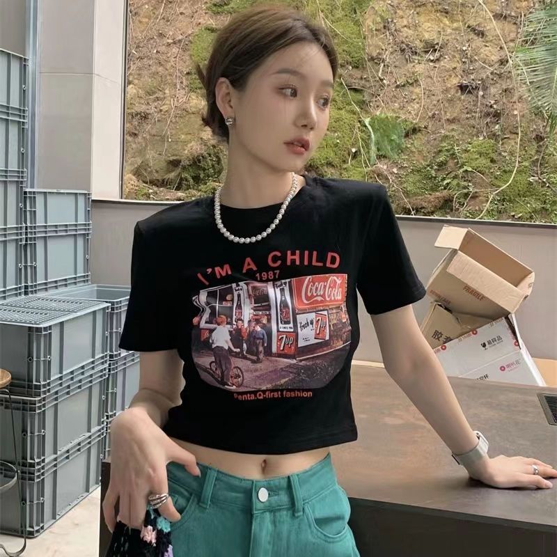 复古印花短款短袖t恤女夏季新款辣妹修身显瘦白色圆领上衣ins潮