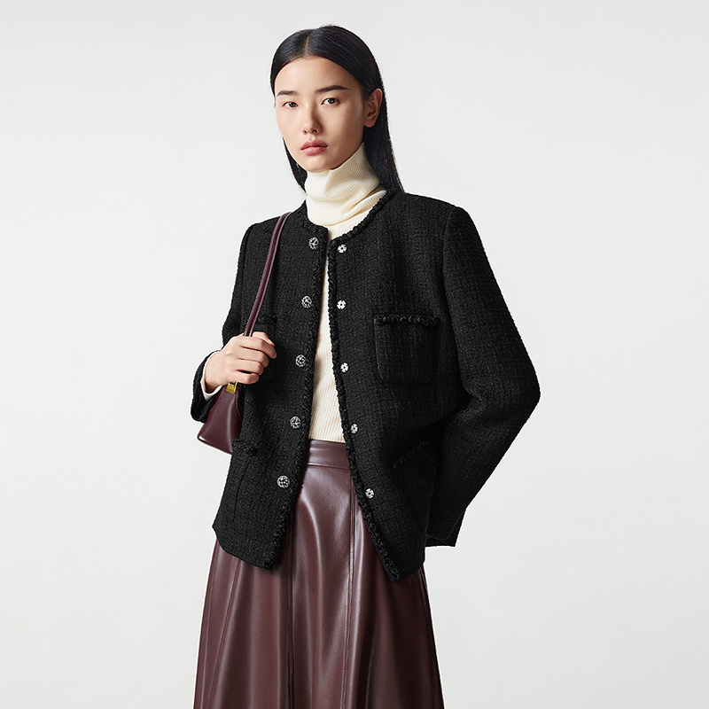 LANCY/朗姿2025冬新款法式小香风短外套女秋简约百搭黑色圆领上衣