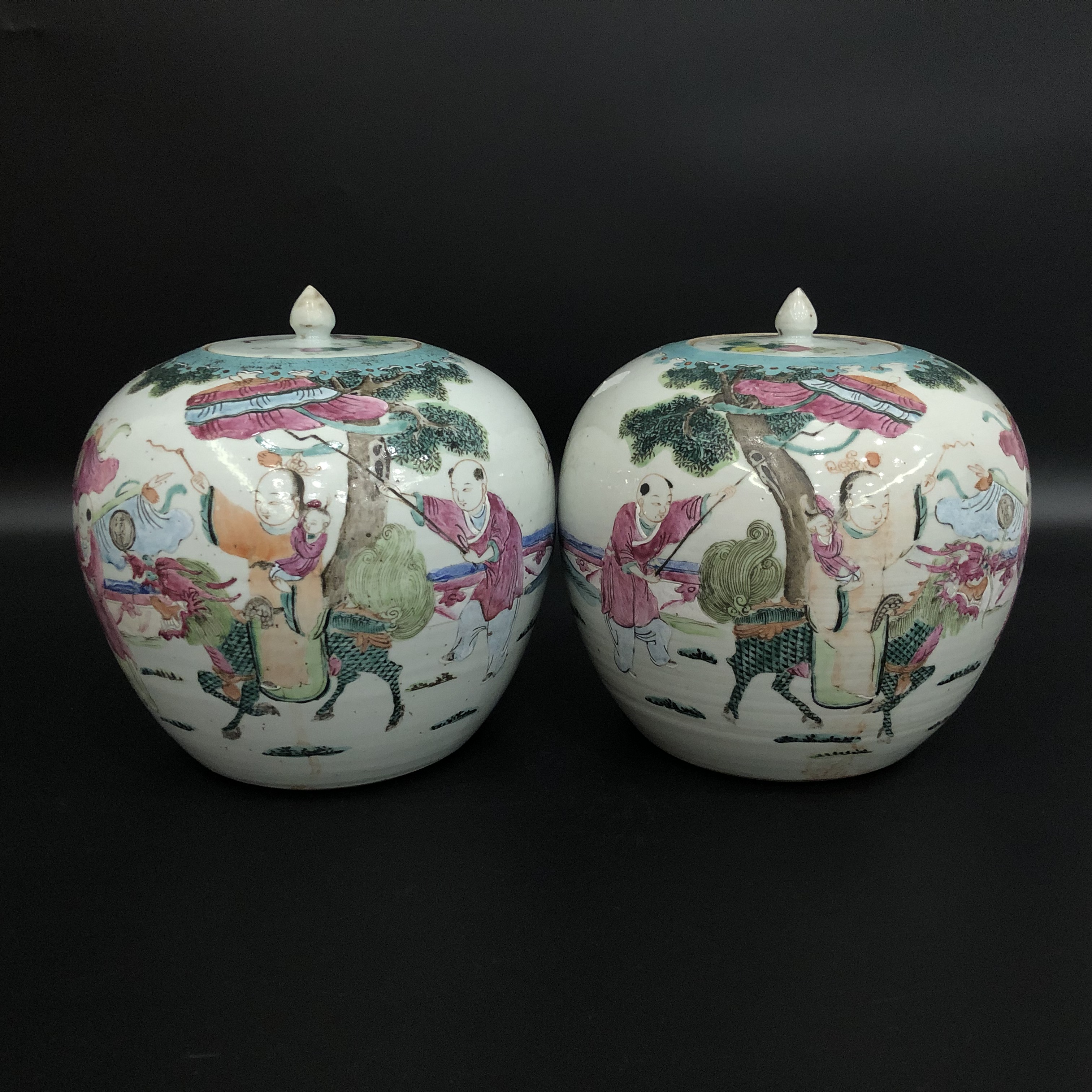 25120973-25120974 清同治粉彩麒麟送子图西瓜罐（两只）高22.7cm