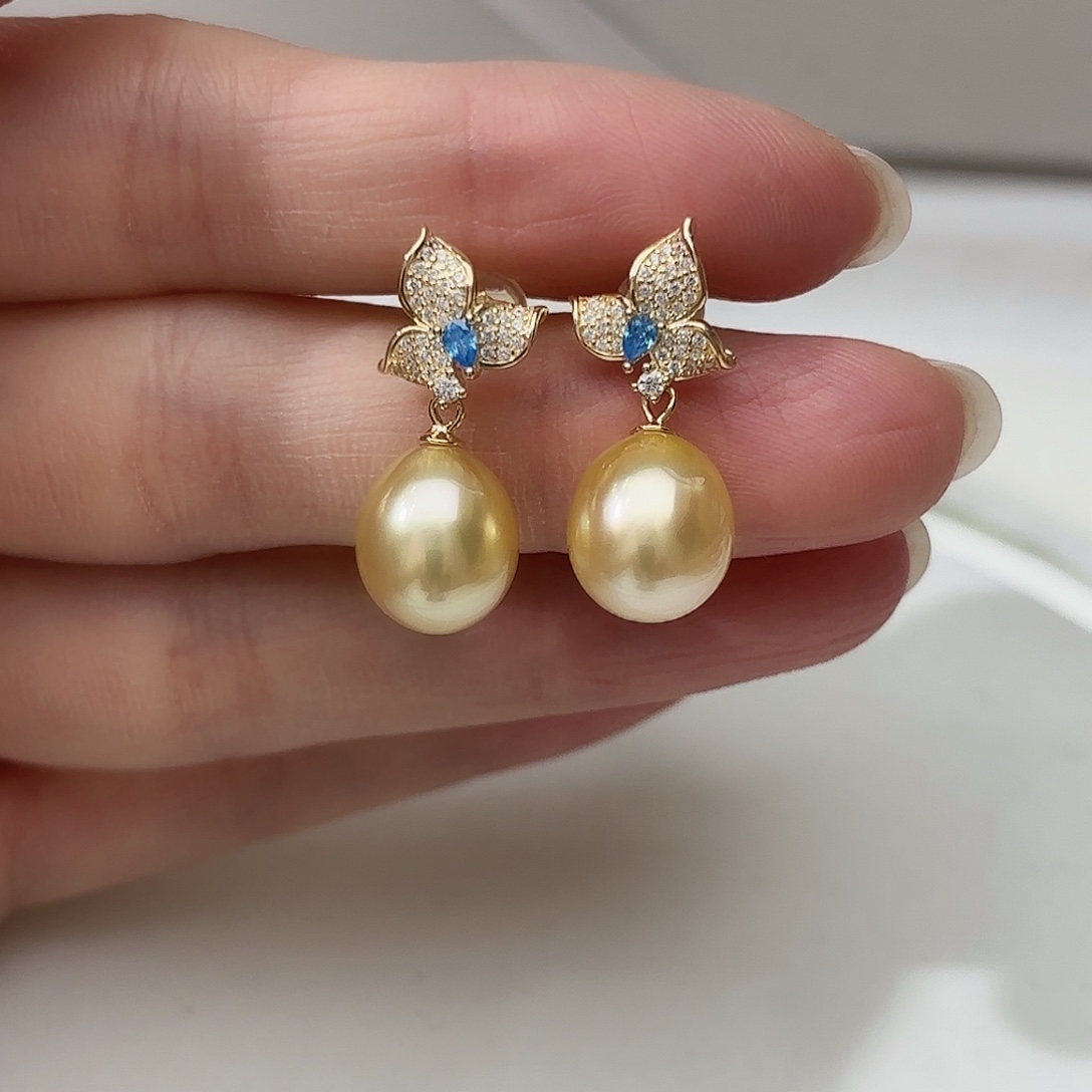 耳饰海水珍珠银S925镶嵌10.2-11.5mm金珠水滴耳环
