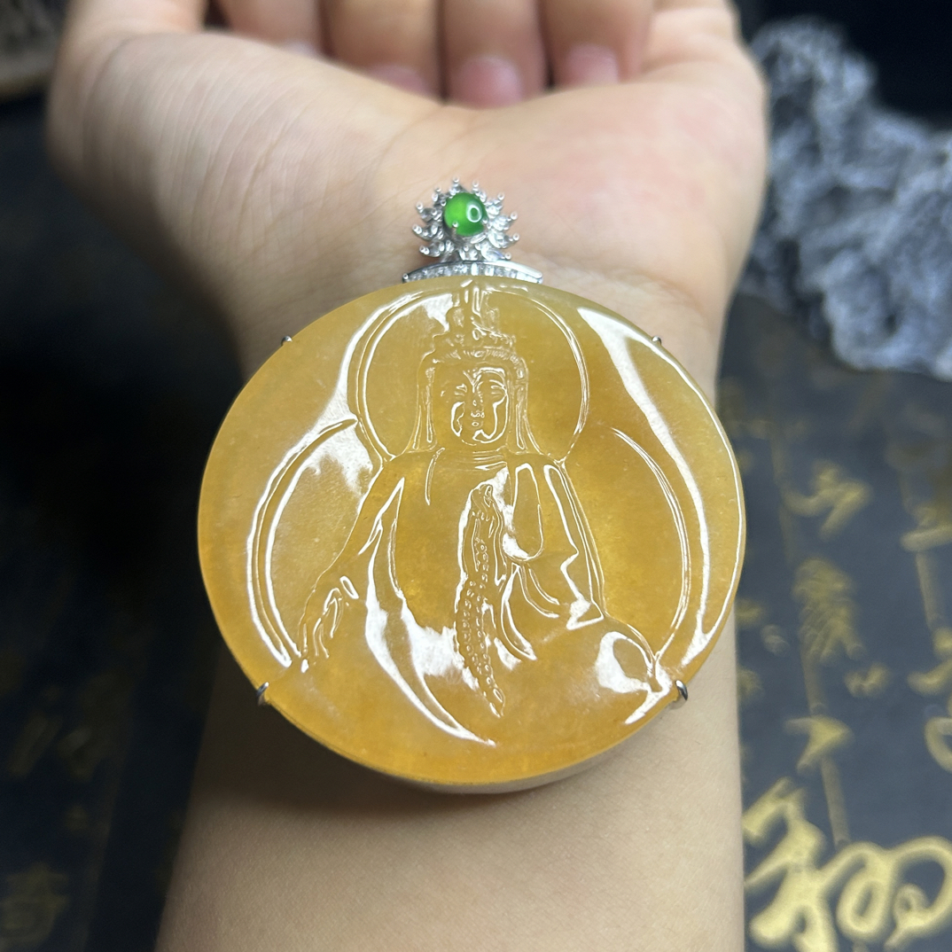 天然A货黄翡观音财神爷满色