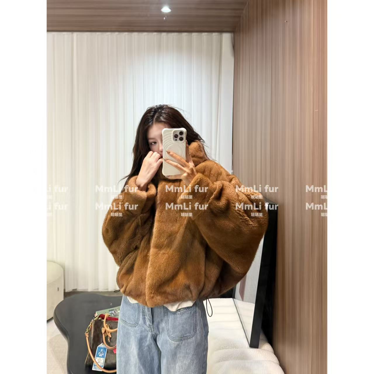  【萌萌里】MMLi CLOTHES｜琥珀流光连帽超大版水貂外套 mm2519
