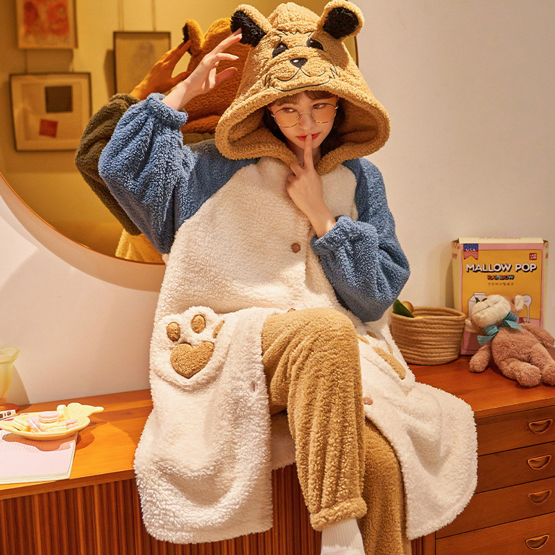 法兰绒睡袍女士秋冬季珊瑚绒睡衣女连帽加厚保暖卡通家居服 2182