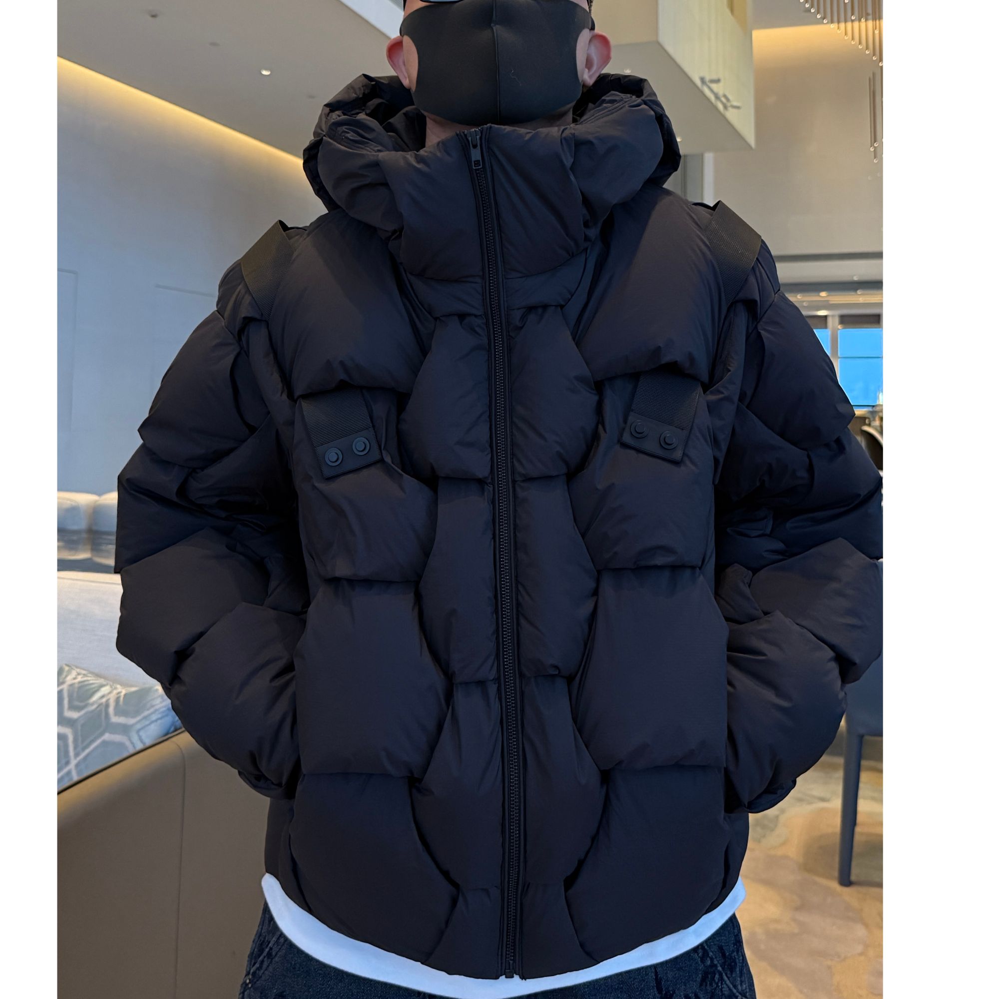 【鹅绒服】金先生90白鹅绒编织战术盔甲设计款龟背潮流连帽羽绒外套