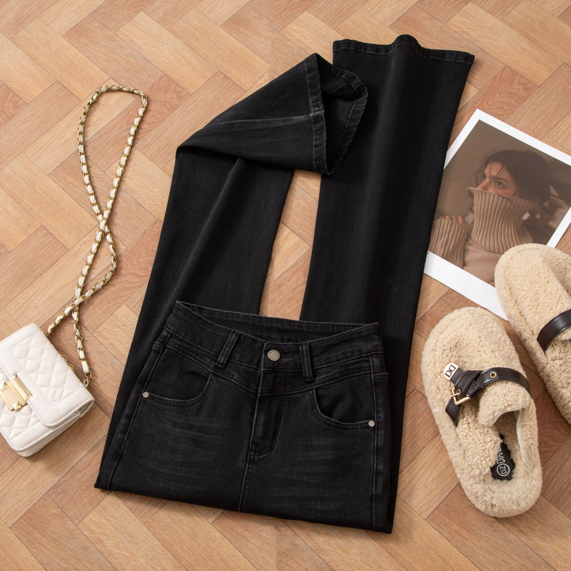 【古早千金】加绒黑灰色四面弹牛仔裤高腰修身显瘦提臀喇叭裤1157-5