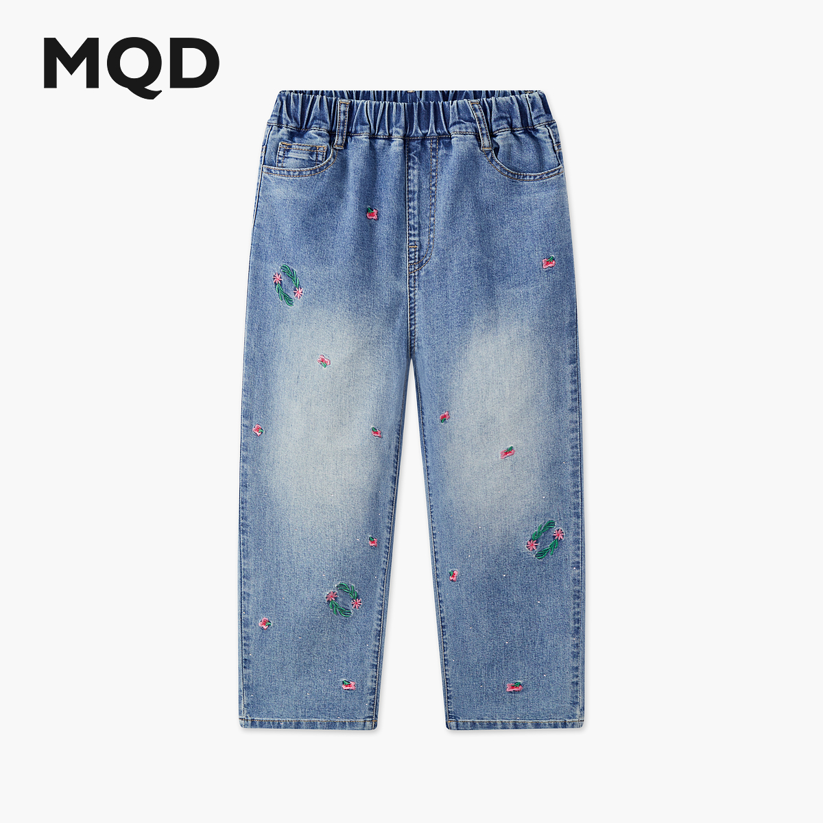 MQD女童25秋新款街潮学院风时尚烫钻绣花直筒牛仔裤6653W1410
