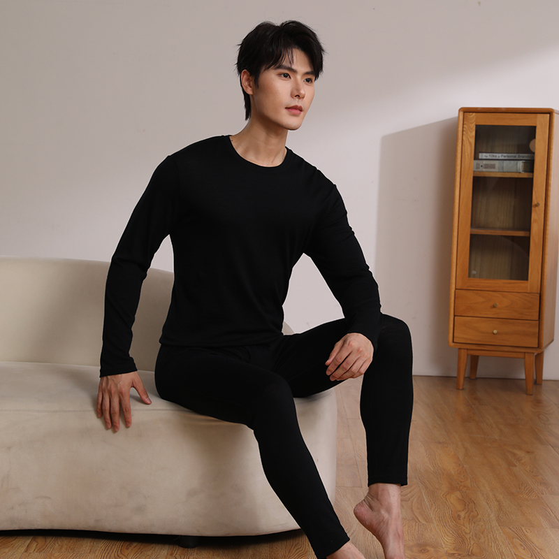 17.5um160gm70%美丽诺羊毛30%莫代尔男士保暖圆领长袖T恤