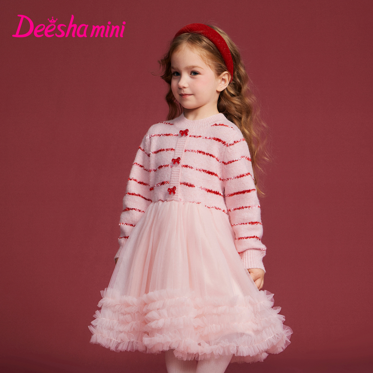 笛莎女童连衣裙冬季宝宝加绒裙子时尚新年款条纹网纱裙-13256U301