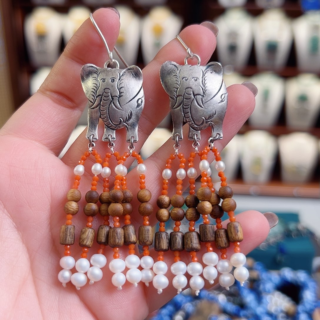 925银木质锦钰设计复古耳环