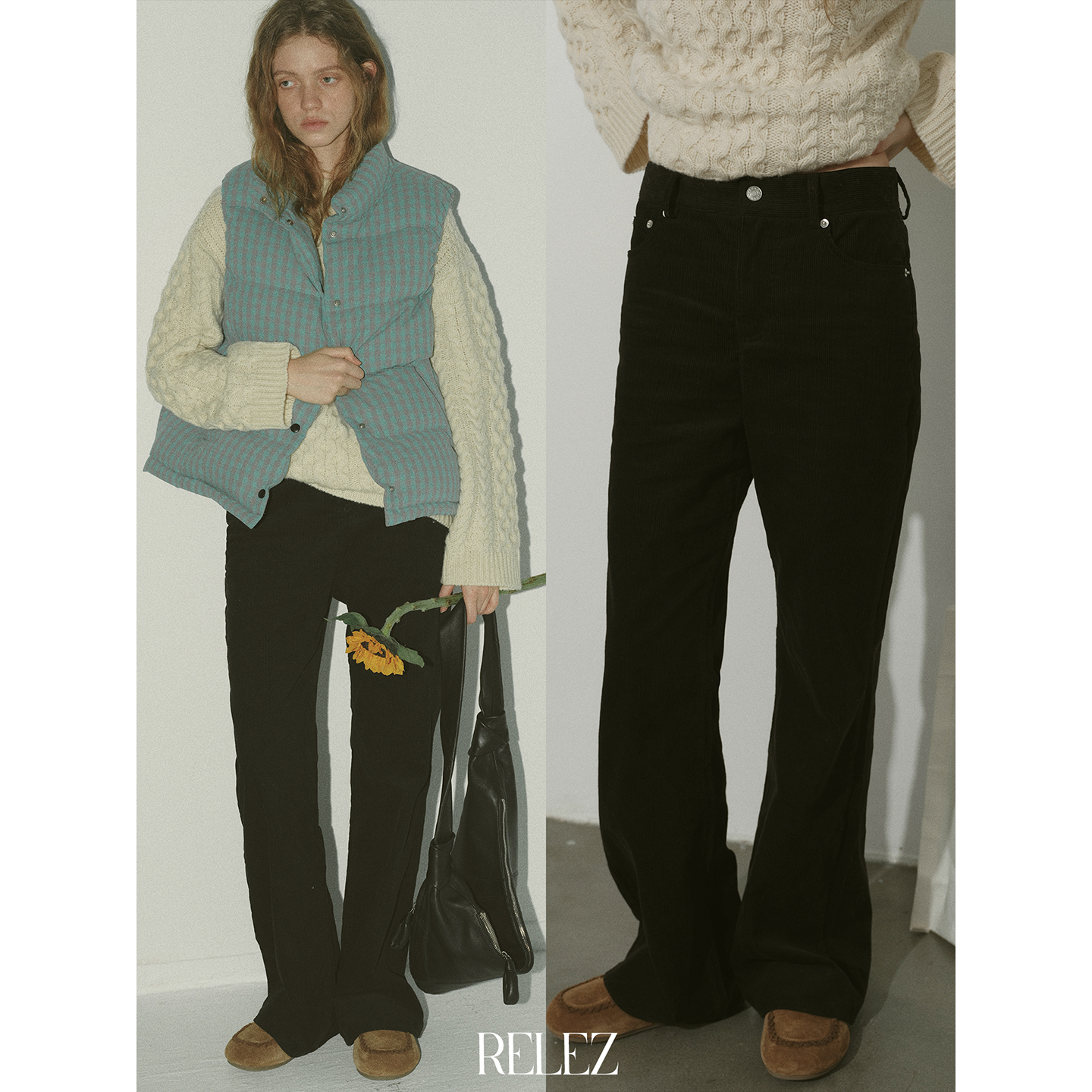 relez 秋冬新款时尚灯芯绒休闲裤女美式复古简约小众高腰直筒长裤