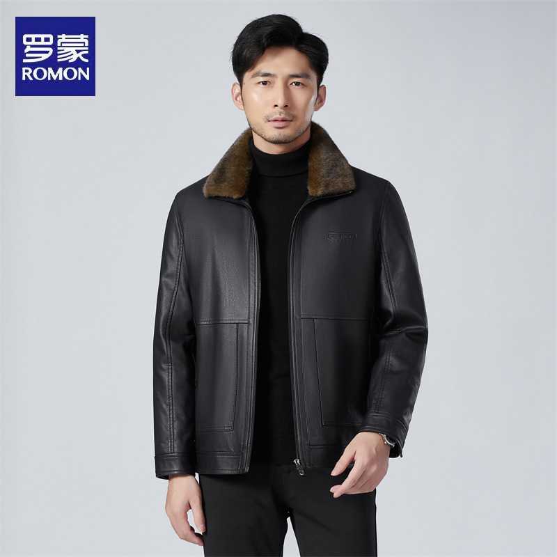 Romon/罗蒙男士皮衣可脱卸内胆可脱卸领冬季新款加绒加厚男装皮衣